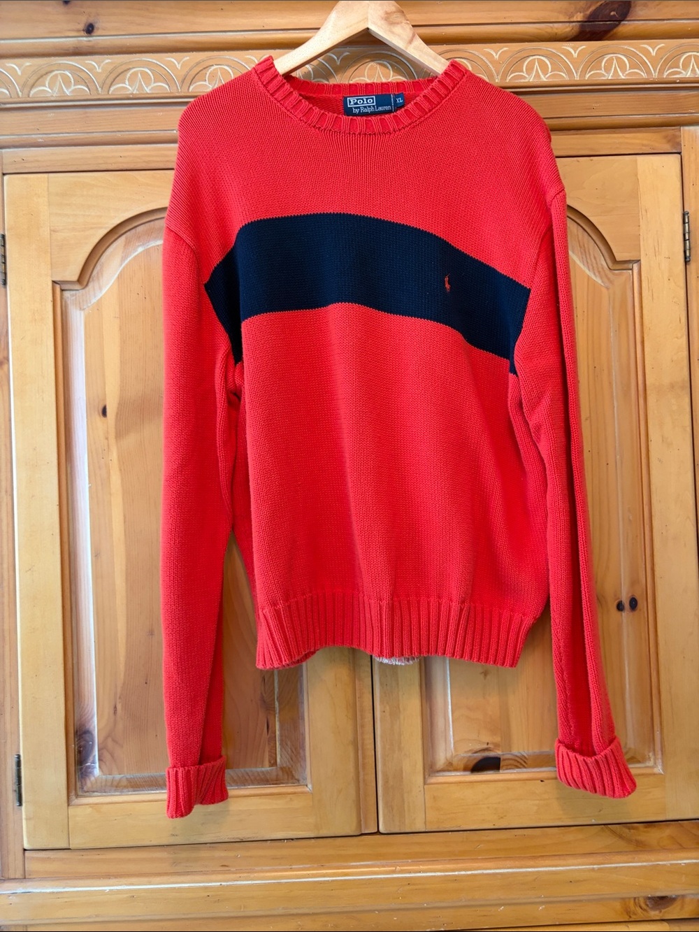 Polo by Ralph Lauren orangeCrewneck Sweater with Blue Chest Stripe
